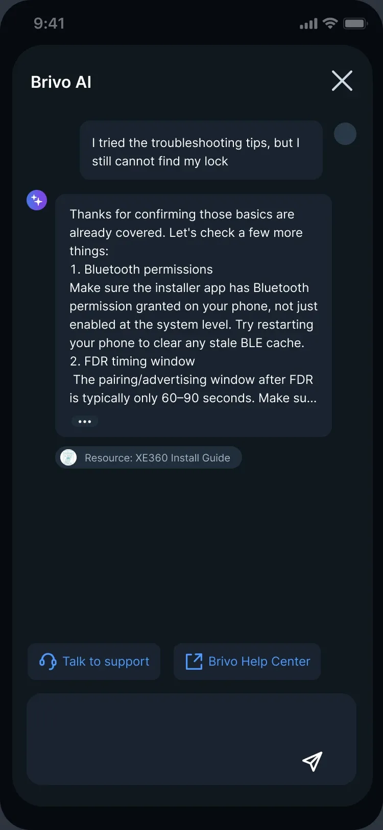 Brivo AI chat answering an installer who still can’t find the lock