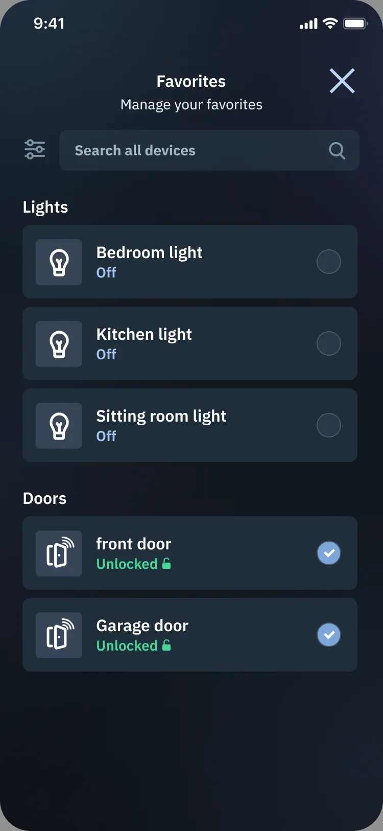 Favorites screen listing lights and doors, with two doors checked