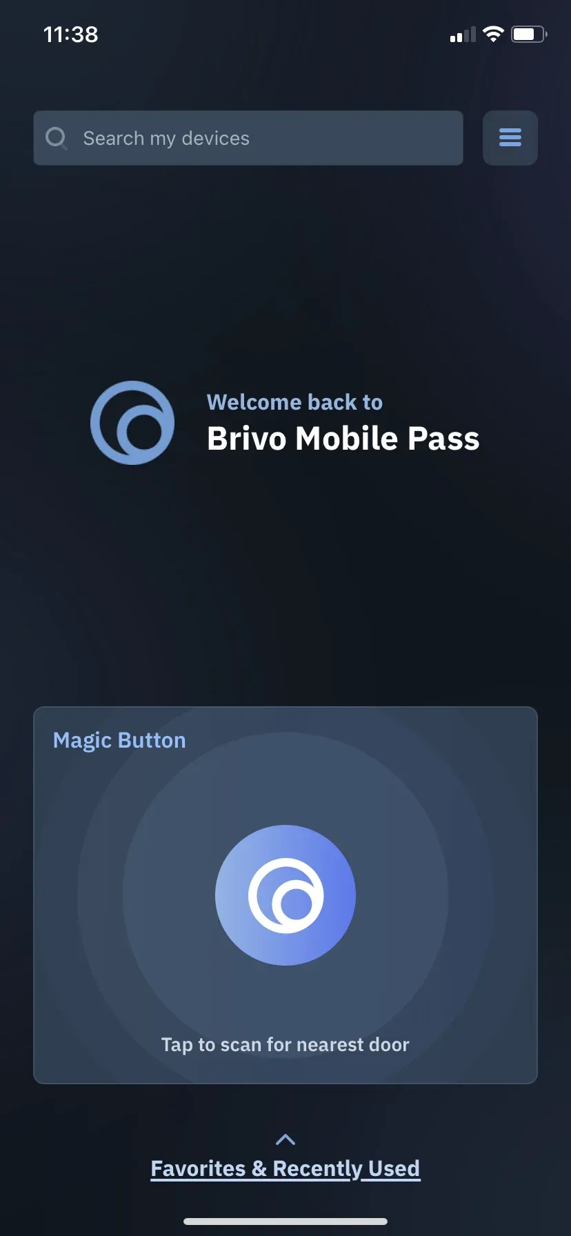 Old BMP home screen: a “Welcome back to Brivo Mobile Pass” message, a large magic button panel, and a small Favorites & Recently Used link at the bottom