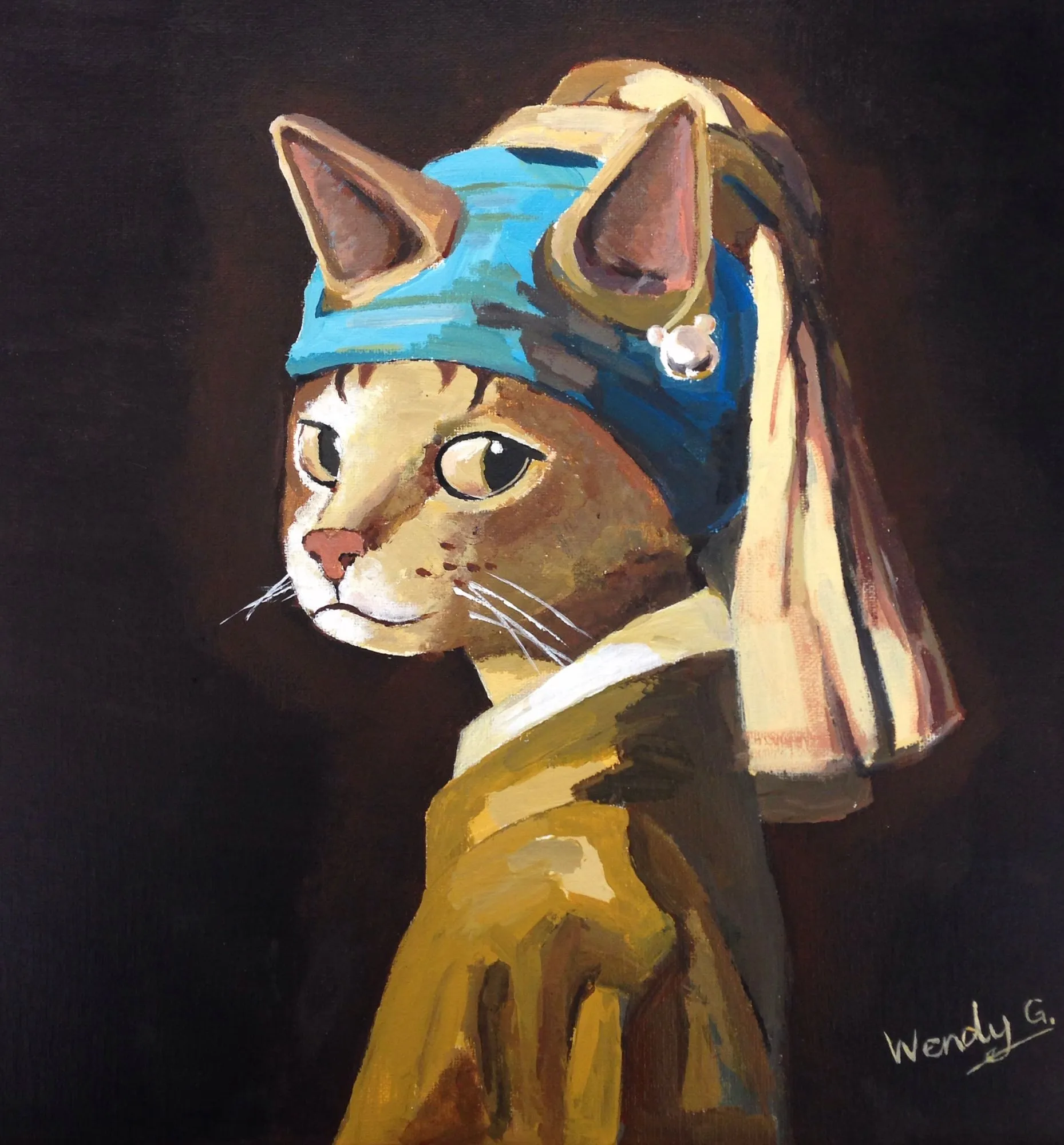 Painting of a cat as Girl with a Pearl Earring