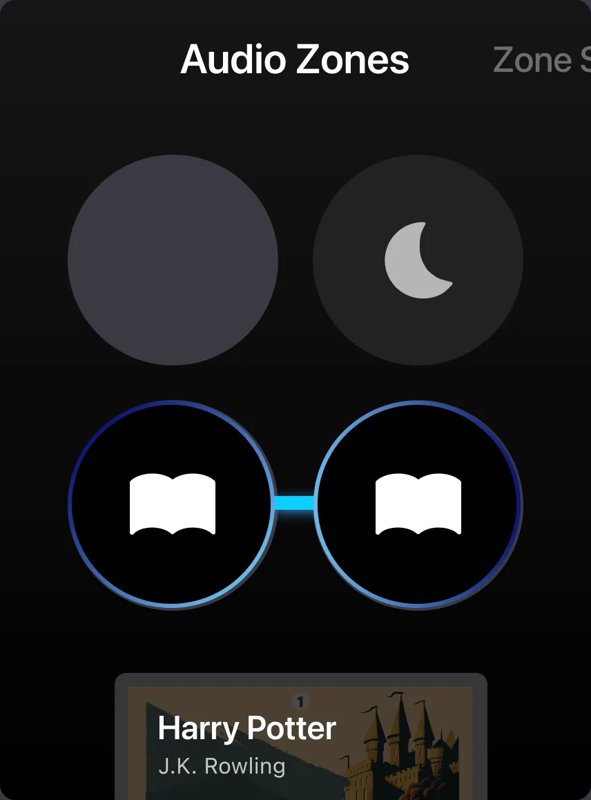 Two zone bubbles joined by a line, both playing the same audiobook