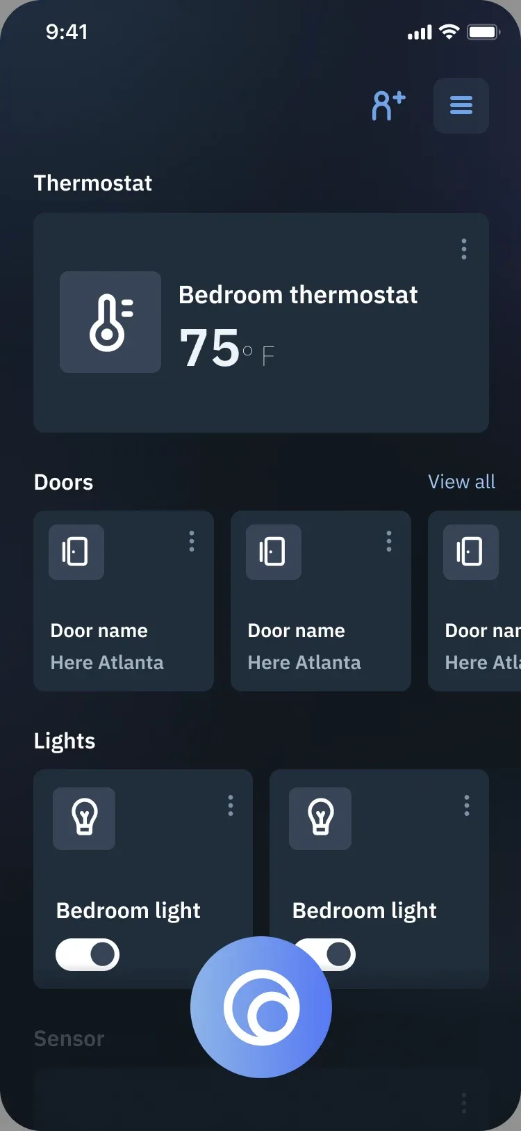 Home screen with Thermostat, Doors and Lights sections
