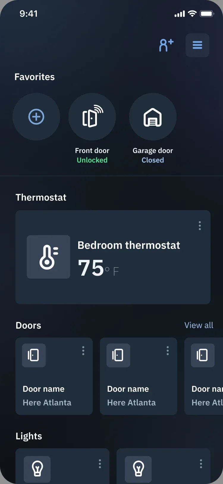Home screen with a Favorites row above Thermostat, Doors and Lights
