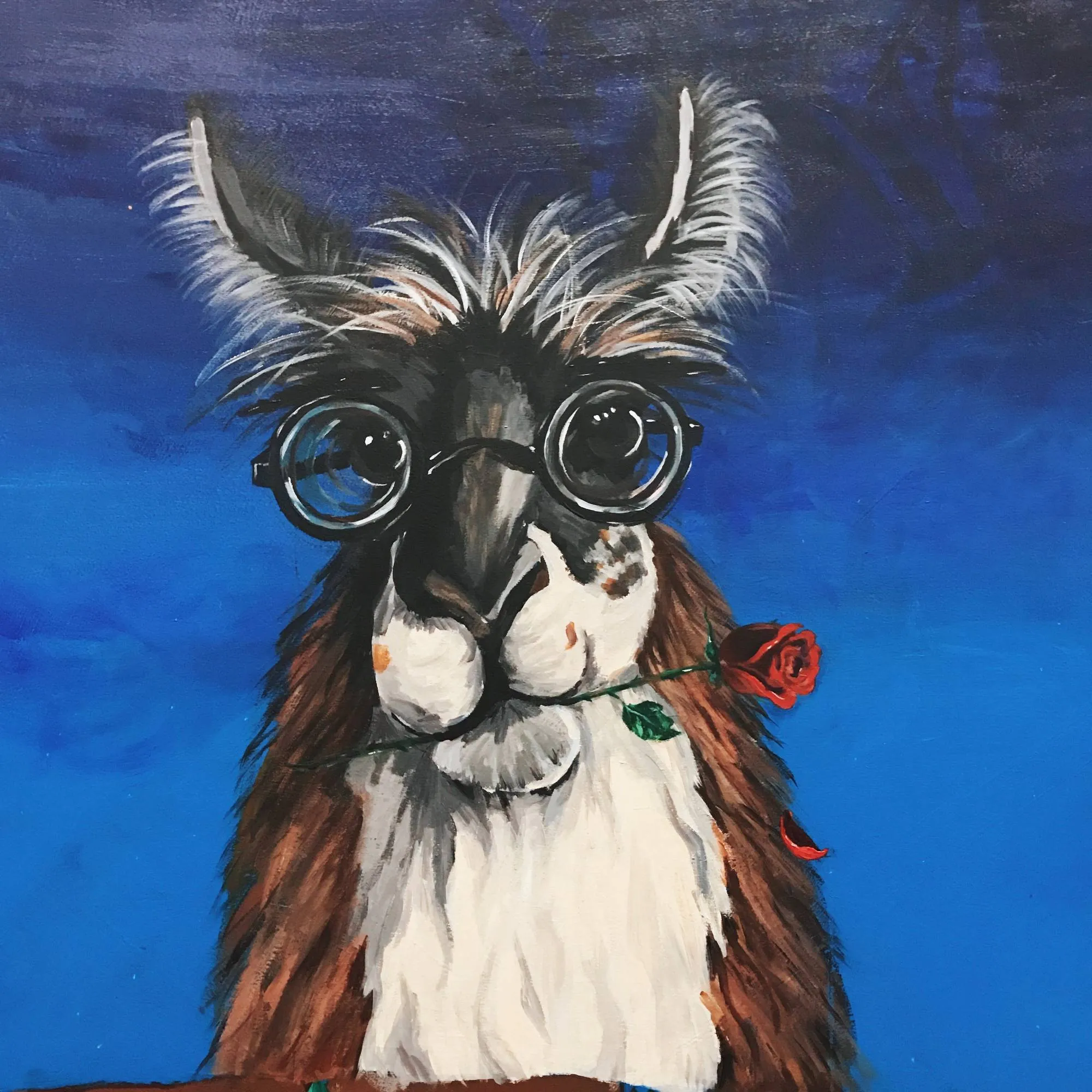 Acrylic mural of a llama in round glasses holding a rose