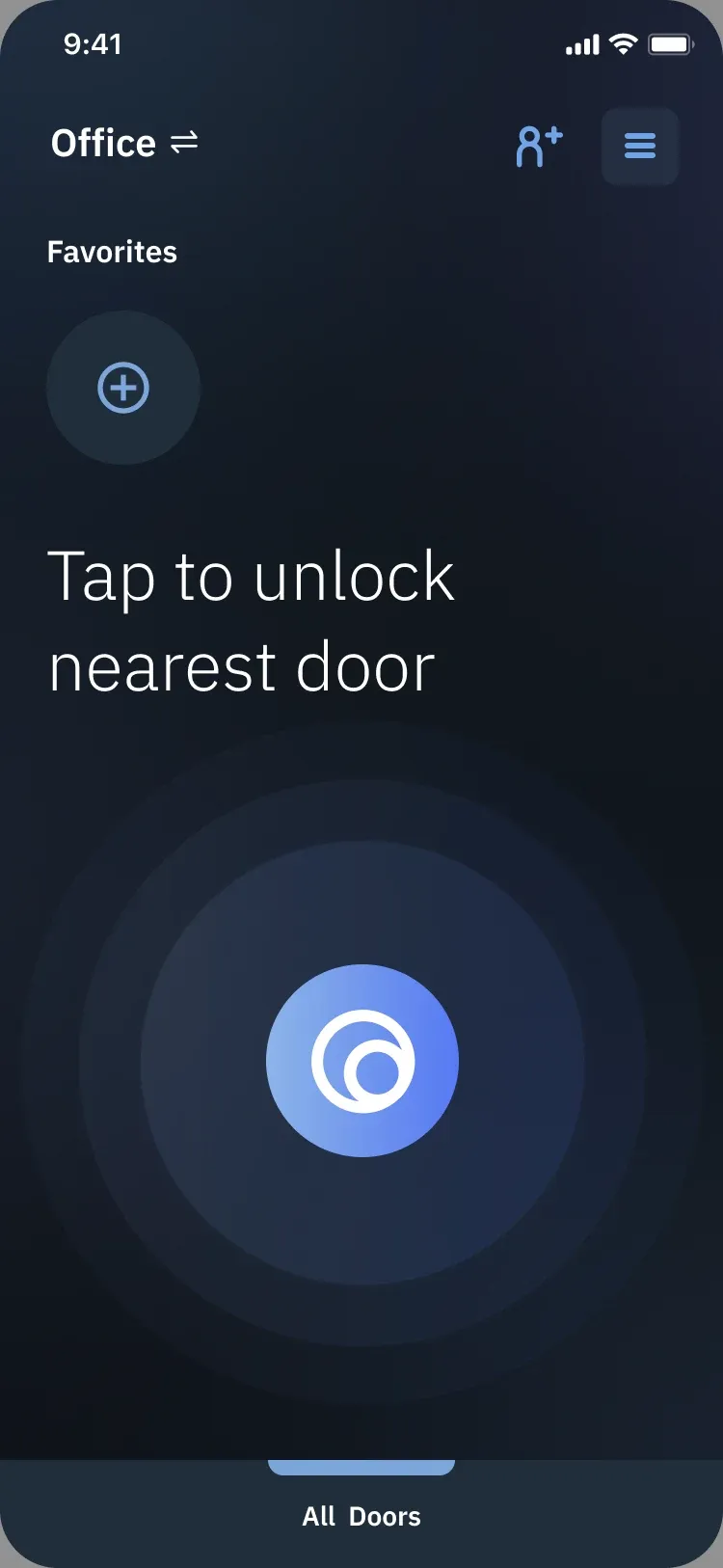 Office screen: Favorites, then Tap to unlock nearest door with the magic button