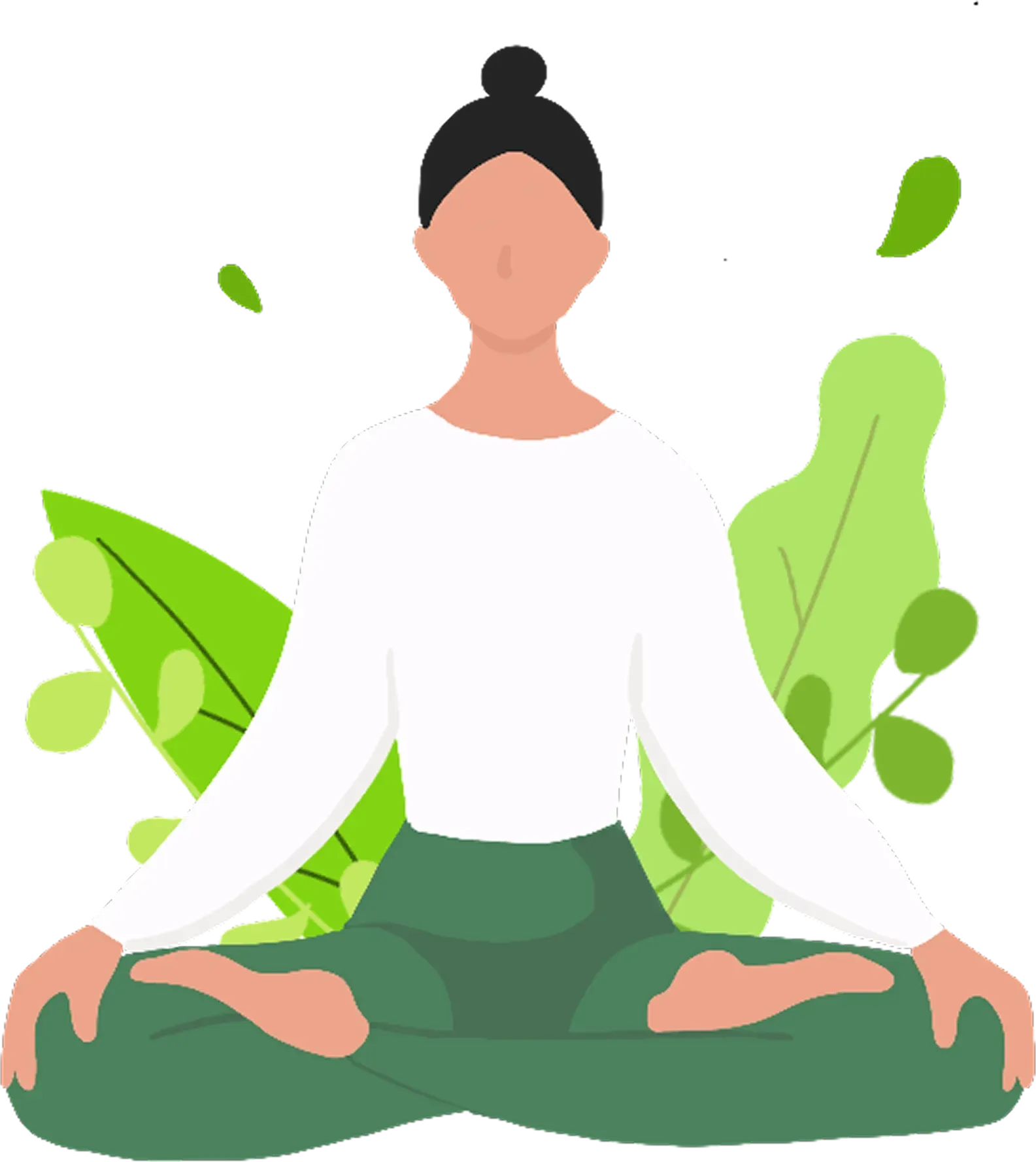 A woman meditating among leaves