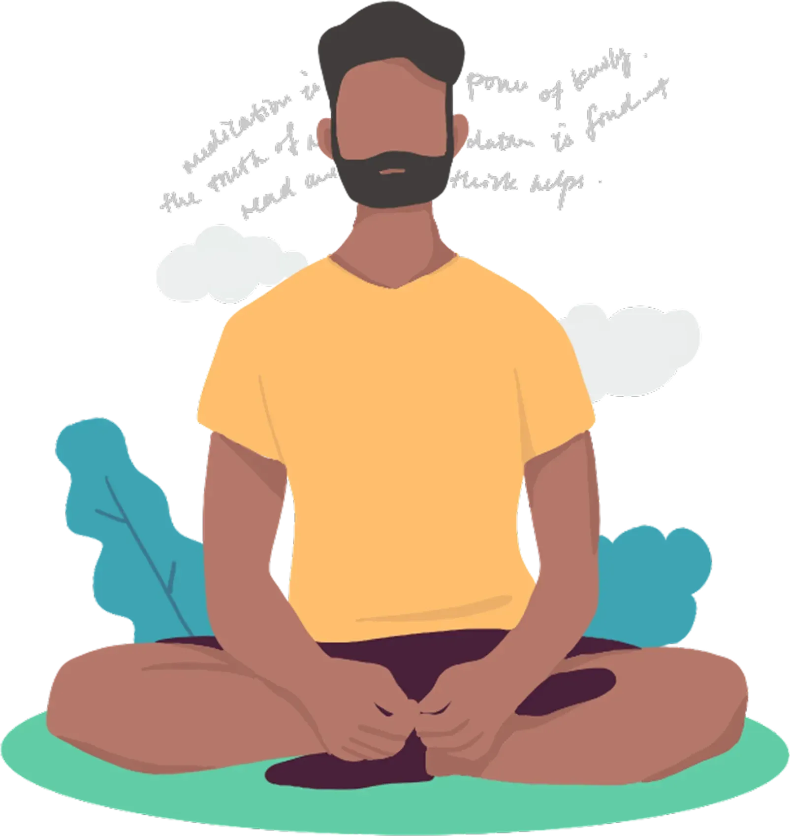 A man meditating cross-legged, with handwritten notes behind him