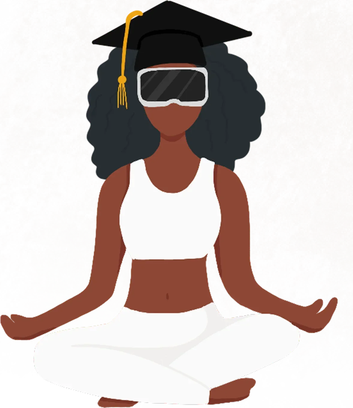 A woman meditating in a VR headset and a graduation cap