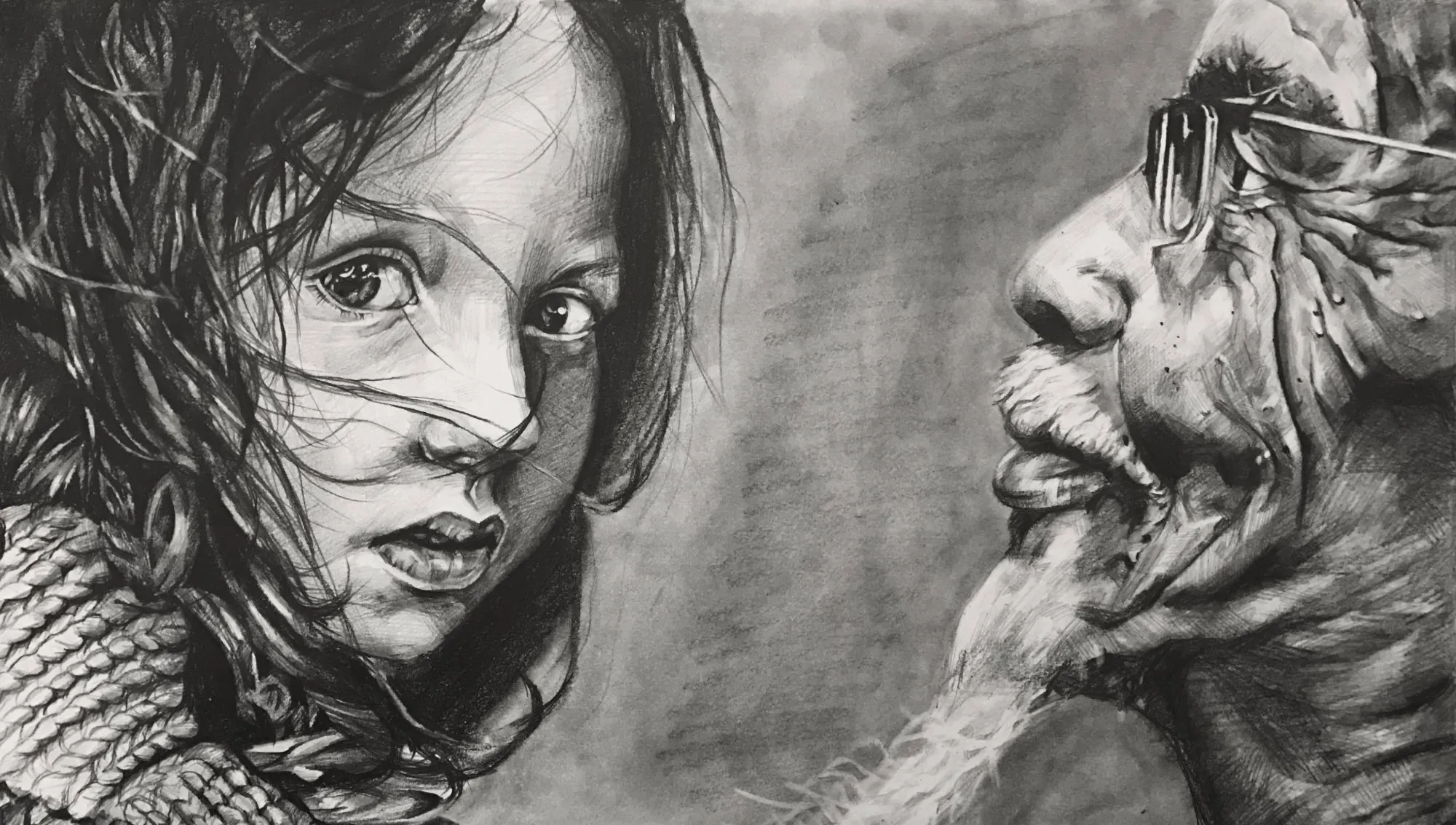 Graphite drawing of a young girl and an old man facing each other