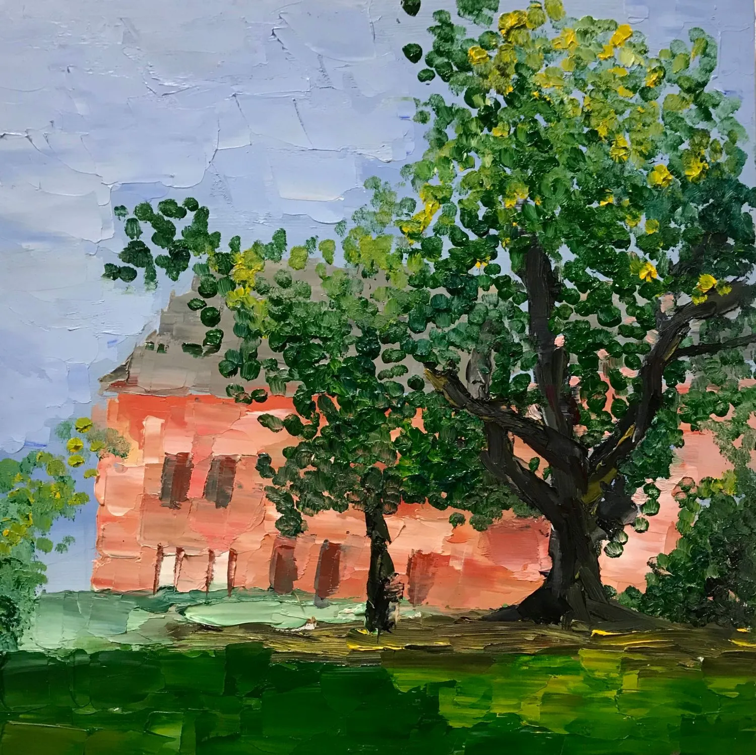 Palette-knife oil painting of a tree in front of a red brick building