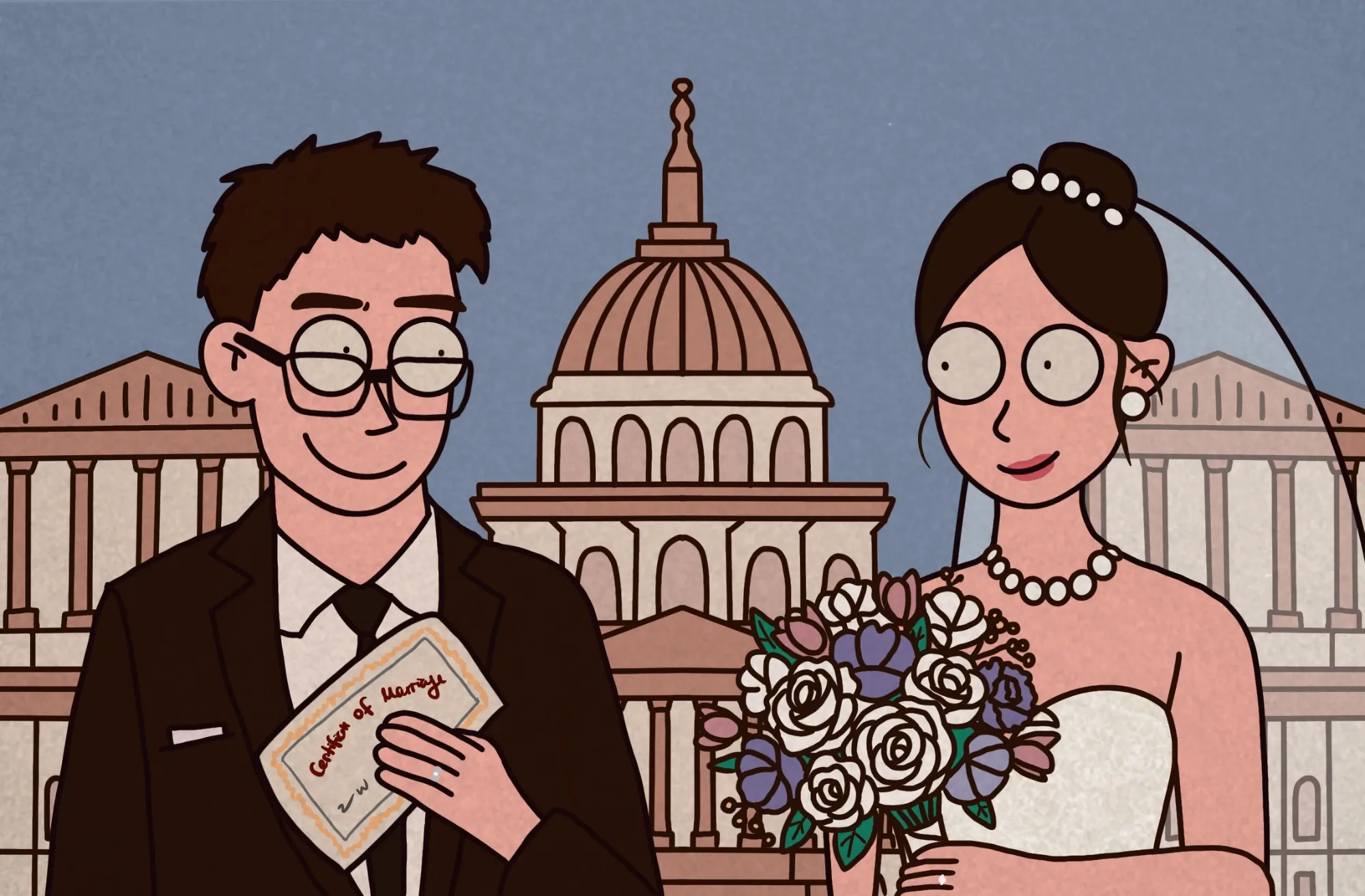 Illustrated wedding portrait in front of the US Capitol