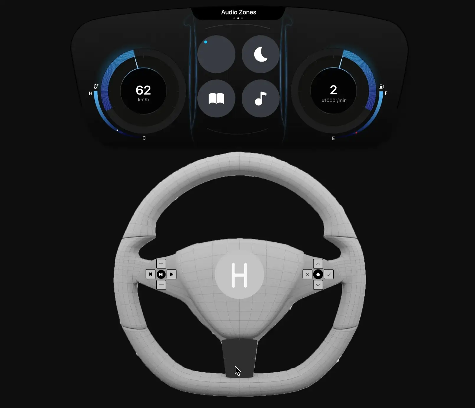 Animated prototype: the driver shares media with another zone by dragging on the trackpad
